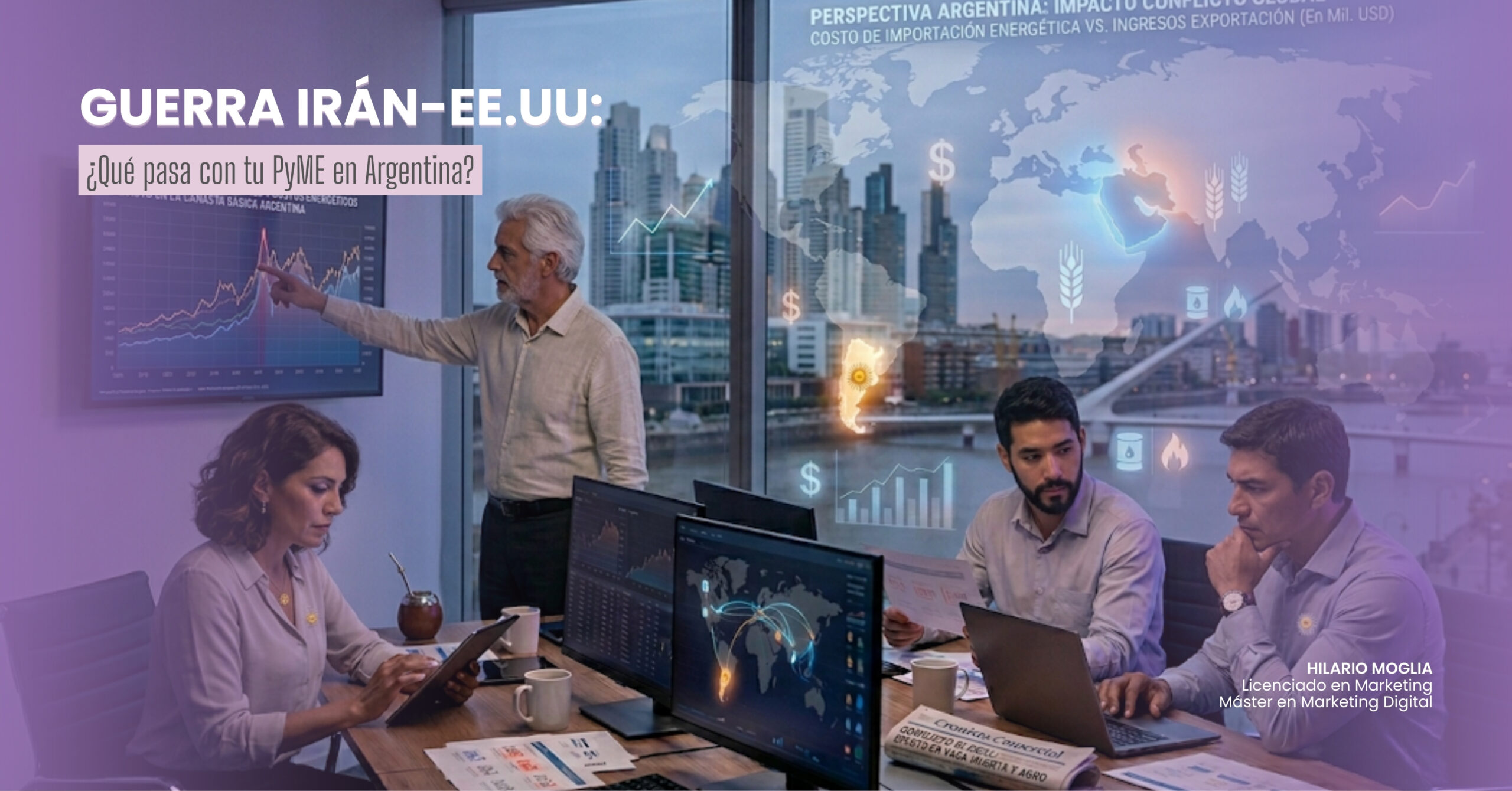 Empresario observando la ciudad con indicadores económicos digitales sobreimpresos, representando el impacto de la guerra global en las PyMEs argentinas