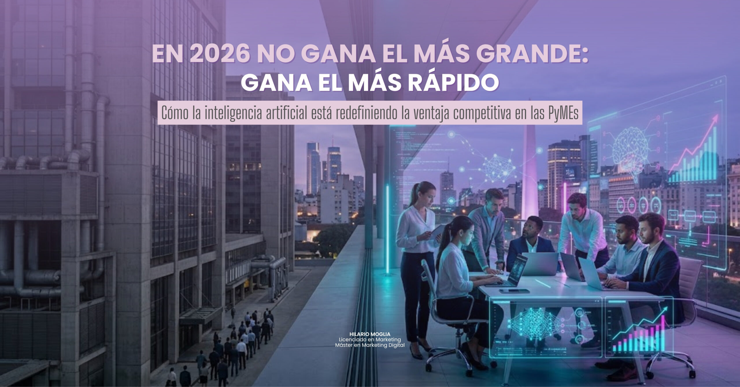 Empresarios analizando datos digitales con inteligencia artificial para mejorar la competitividad de su PyME