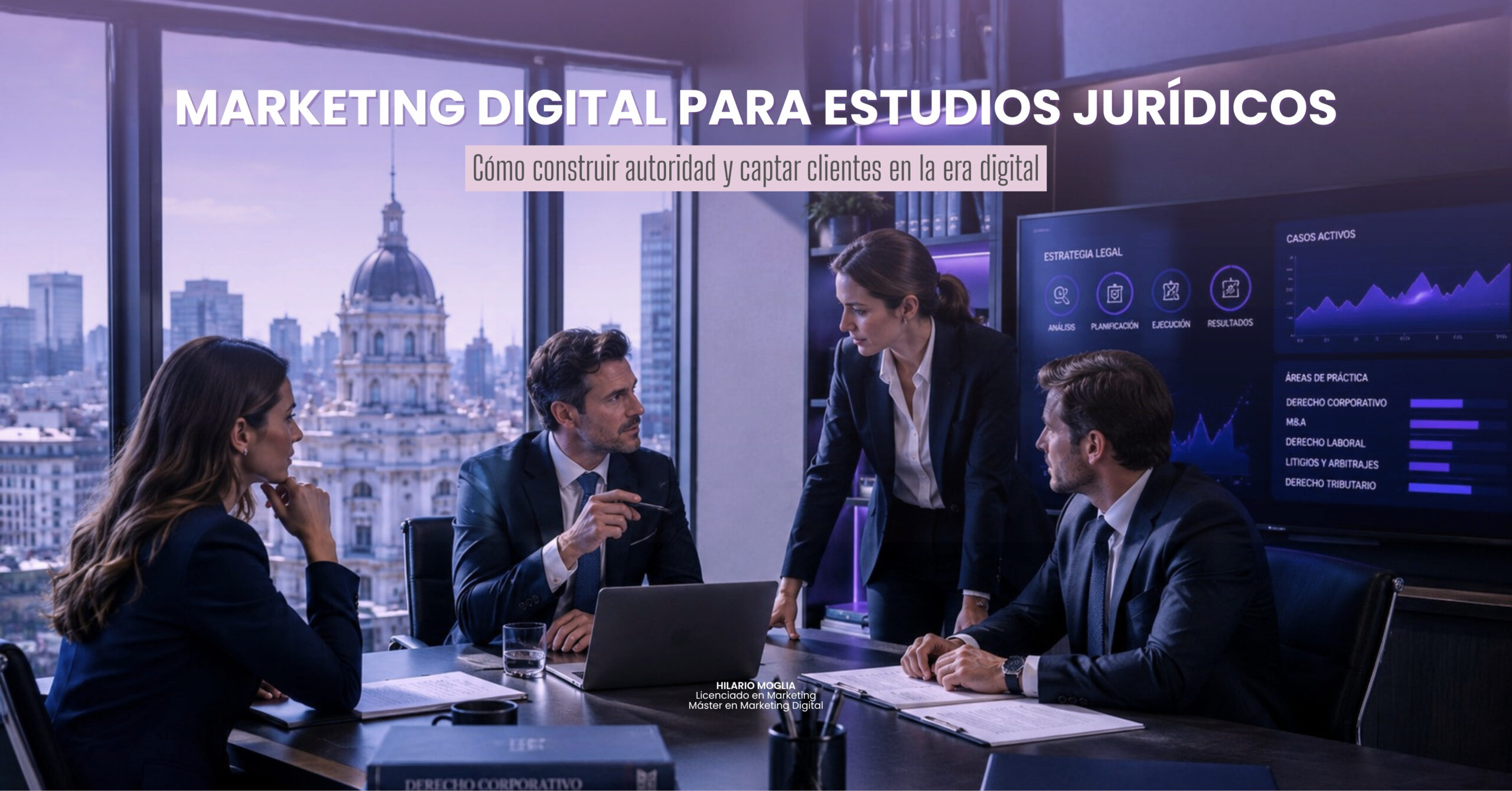 Marketing digital para estudios jurídicos con abogados trabajando una estrategia digital para captar clientes y aumentar su visibilidad online.