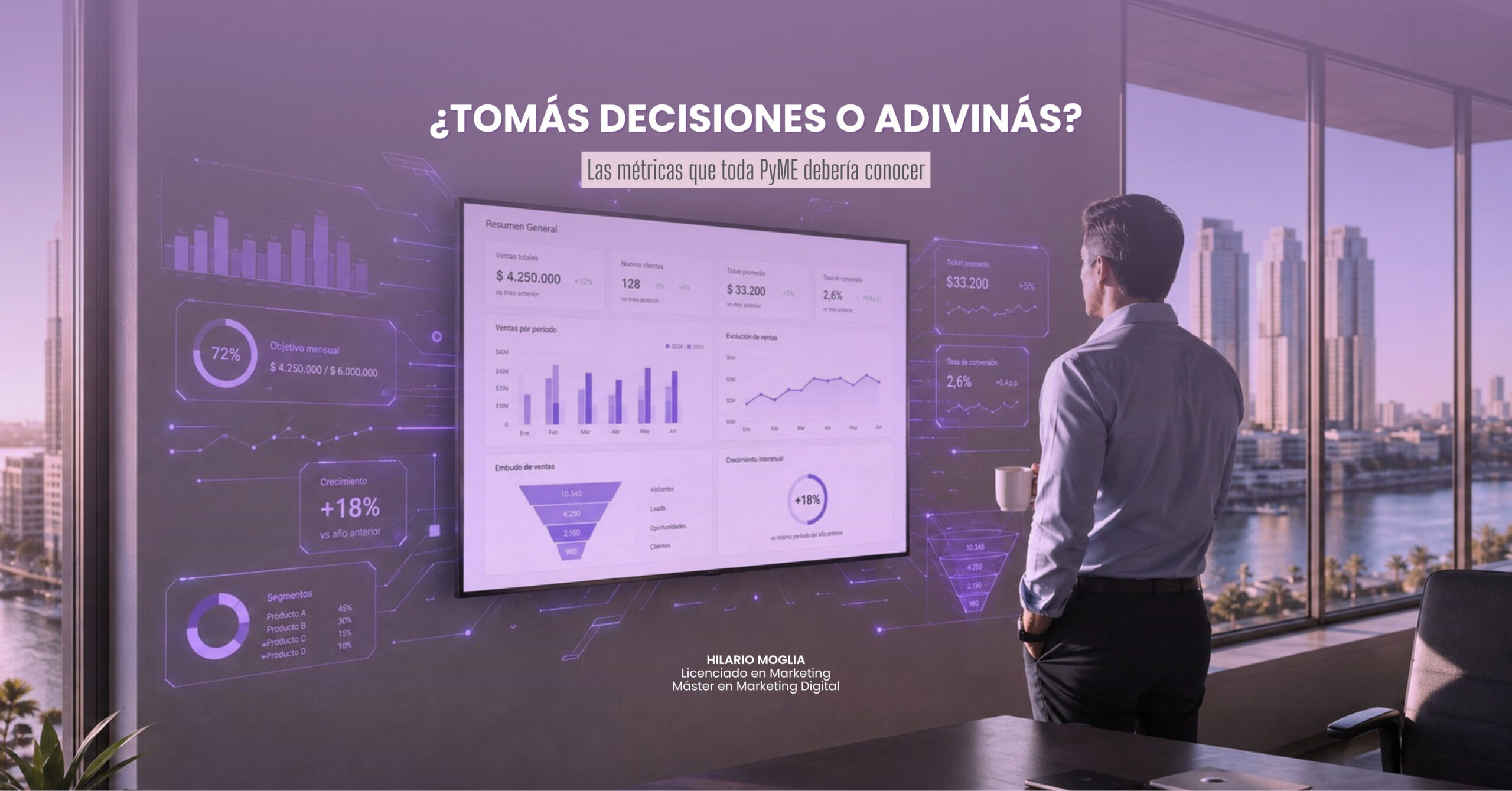 Persona analizando métricas comerciales y gráficos de datos para tomar decisiones en una PyME