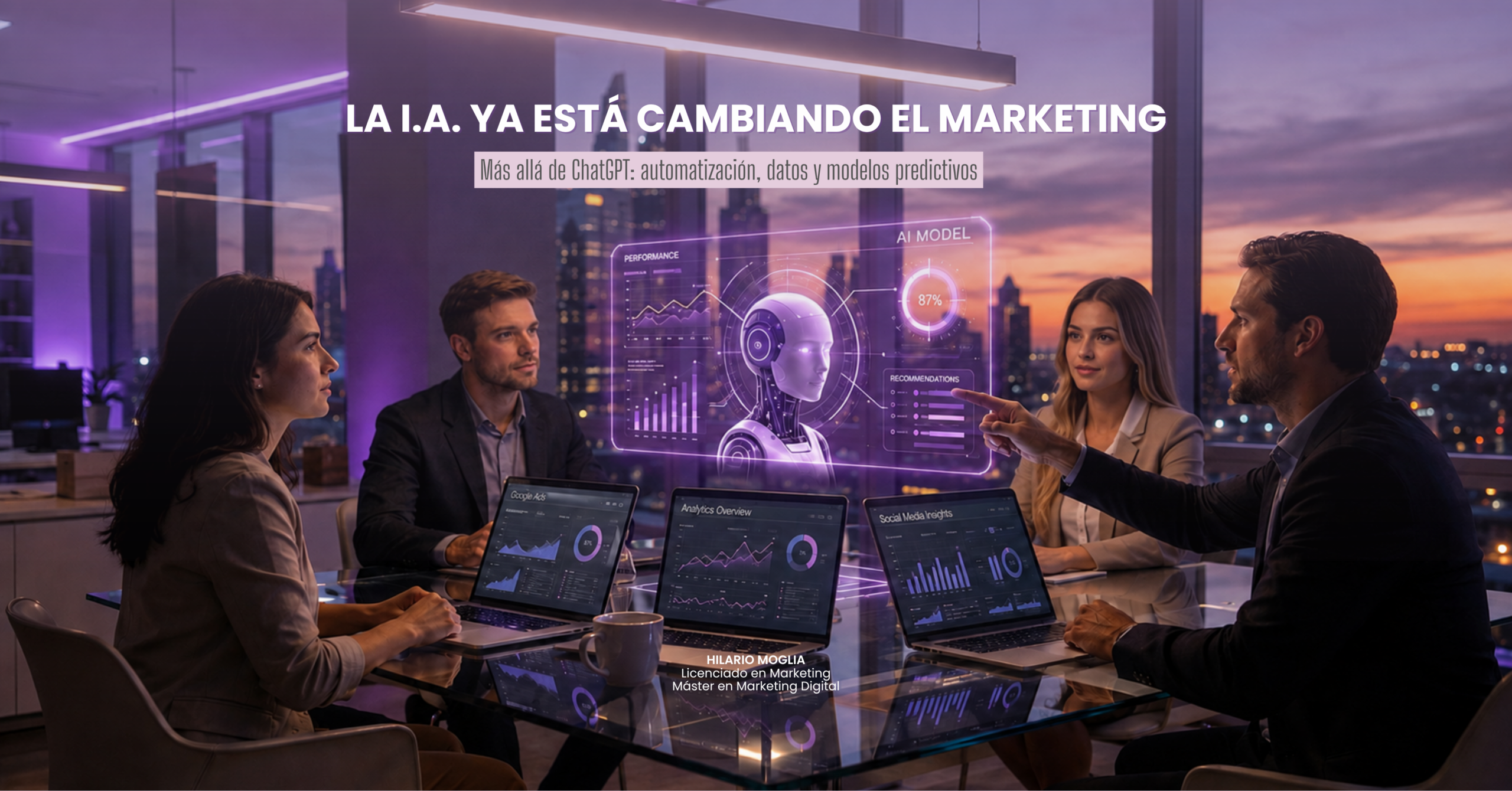 Profesionales de marketing analizando dashboards con Inteligencia Artificial en una oficina moderna